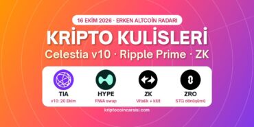 Kripto Kulisleri 16 Ekim: Celestia v10, Ripple Prime ve ZK 2 Kripto kulisleri 16 Ekim 2026 kapak: Celestia TIA, Hyperliquid HYPE, ZKsync ZK ve LayerZero ZRO logoları