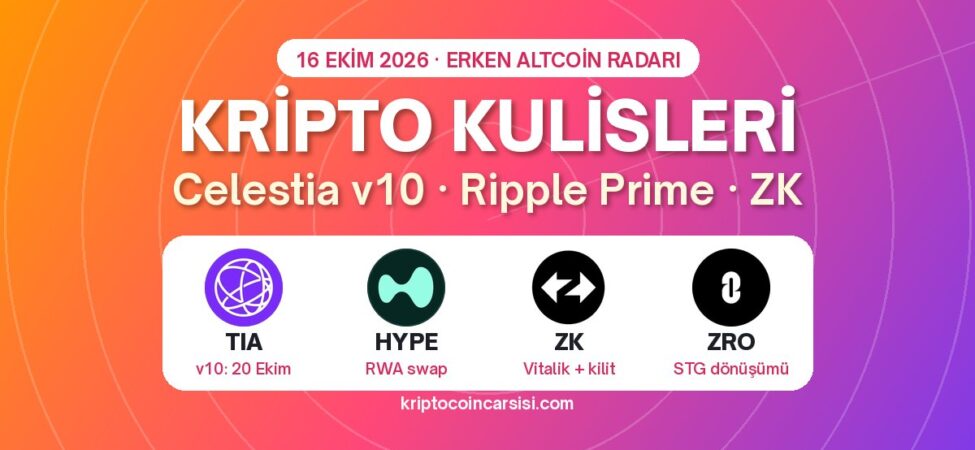 Kripto kulisleri 16 Ekim 2026 kapak: Celestia TIA, Hyperliquid HYPE, ZKsync ZK ve LayerZero ZRO logoları