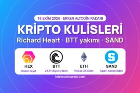 Kripto Kulisleri 18 Ekim: Richard Heart, BTT Yakımı ve SAND 17 Kripto kulisleri 18 Ekim 2026 kapak: HEX, BitTorrent BTT, Ethereum ETH ve The Sandbox SAND logoları