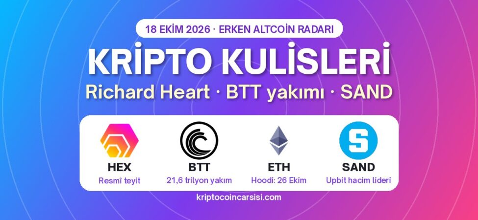Kripto kulisleri 18 Ekim 2026 kapak: HEX, BitTorrent BTT, Ethereum ETH ve The Sandbox SAND logoları
