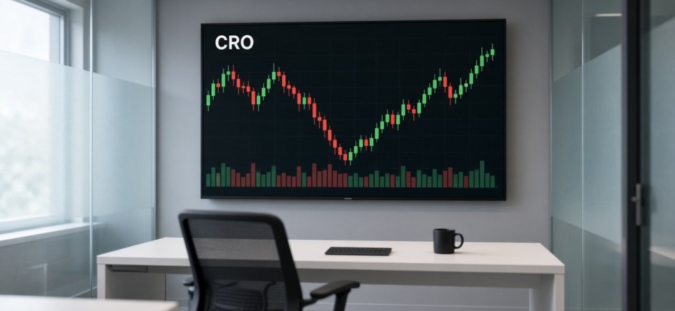 Cronos (CRO) Nedir? Ult, Token Yakımı ve 70 Milyarlık Rezerv 9 Cam bölmeli küçük bir işlem odasında duvardaki büyük ekranda CRO mum grafiği ve hacim çubukları, Cronos için temsili görsel