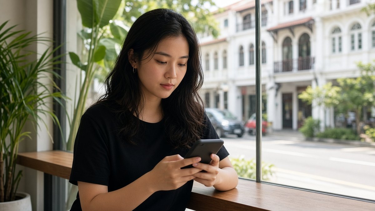 Singapur’da bir kafede akıllı telefondaki kendi kendine saklama işlem uygulamasına bakan genç kadın, Cronos ekosistemindeki Ult uygulaması için temsili görsel