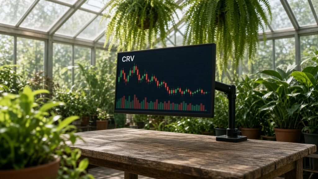 Bitkilerle dolu aydınlık bir cam serada mafsallı kola takılı monitörde CRV mum grafiği ve hacim çubukları, Curve için temsili görsel
