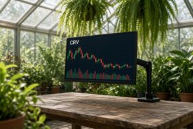 Bitkilerle dolu aydınlık bir cam serada mafsallı kola takılı monitörde CRV mum grafiği ve hacim çubukları, Curve için temsili görsel