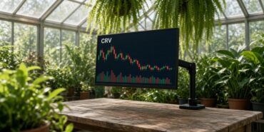 Bitkilerle dolu aydınlık bir cam serada mafsallı kola takılı monitörde CRV mum grafiği ve hacim çubukları, Curve için temsili görsel