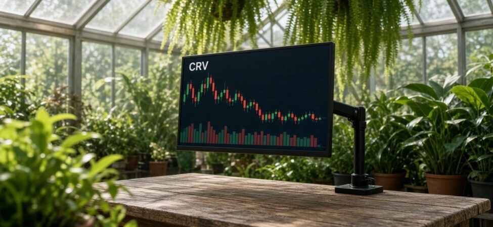 Curve (CRV) Nedir? Stabil Coin Takası, veCRV ve Arz Takvimi 11 Bitkilerle dolu aydınlık bir cam serada mafsallı kola takılı monitörde CRV mum grafiği ve hacim çubukları, Curve için temsili görsel