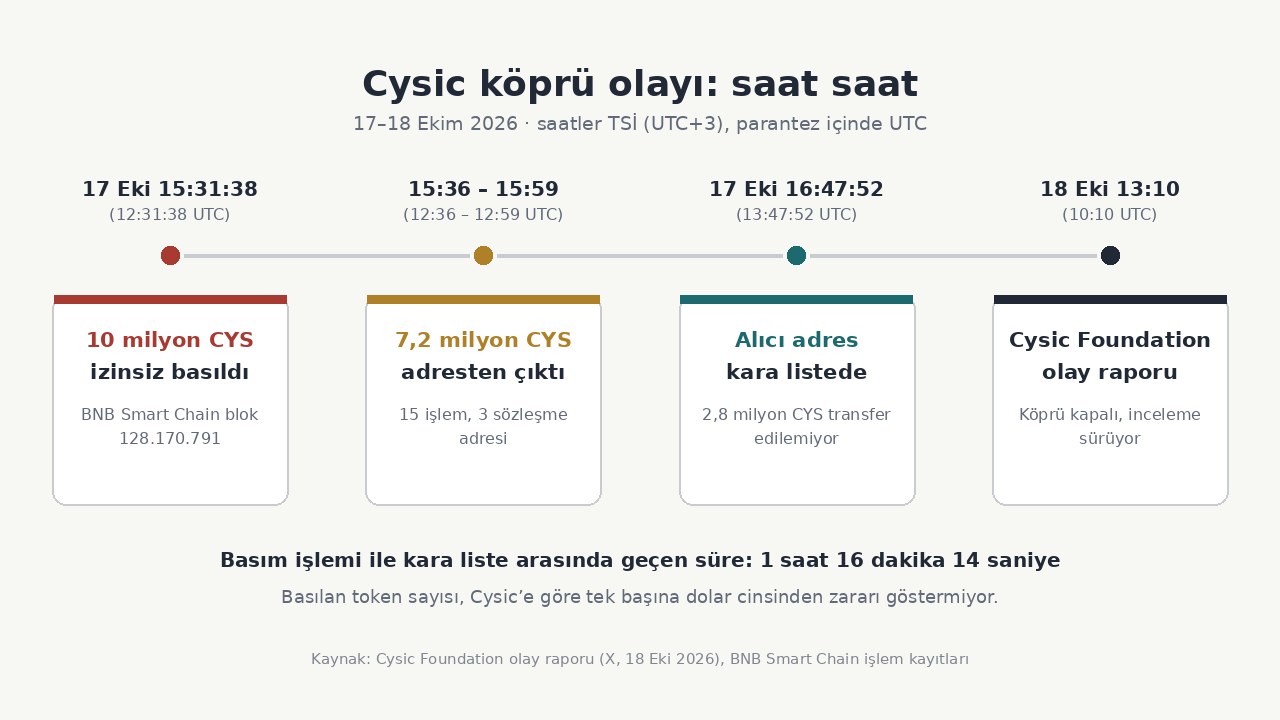 Cysic Köprüsünde İzinsiz Basım: 10 Milyon CYS ve Kara Liste 1 Cysic köprü olayının zaman çizelgesi: 17 Ekim’de 10 milyon CYS basımı, adresten çıkan 7,2 milyon CYS, kara liste ve 18 Ekim olay raporu (TSİ ve UTC)