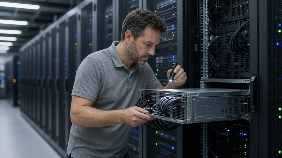 Bir veri merkezinde yapay zeka modellerinin çalıştığı sunucu kızağını kontrol eden mühendis, DeepSeek tabanlı üçüncü taraf ürünler için temsili görsel