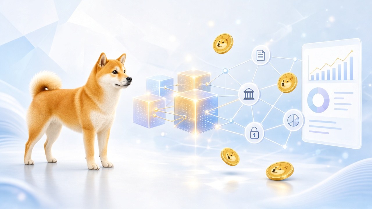 Meme Coinler Geri mi Dönüyor? DOGE, SHIB, PEPE, BONK ve FLOKI'de Neler Oluyor? 1 Dogecoin ve akıllı sözleşme ağını anlatan aydınlık illüstrasyon