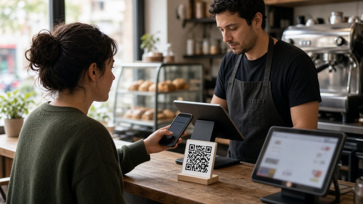 Küçük bir kafenin kasasında müşterinin telefonuyla QR kod okutarak ödeme yapması, Dogecoin Labs ve Such App ödeme araçları için temsili görsel