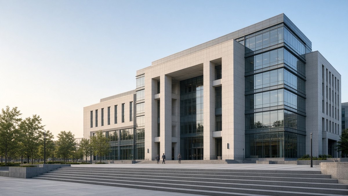 Sabah ışığında bir merkez bankası binasının taş ve cam dış cephesi, temsili görsel