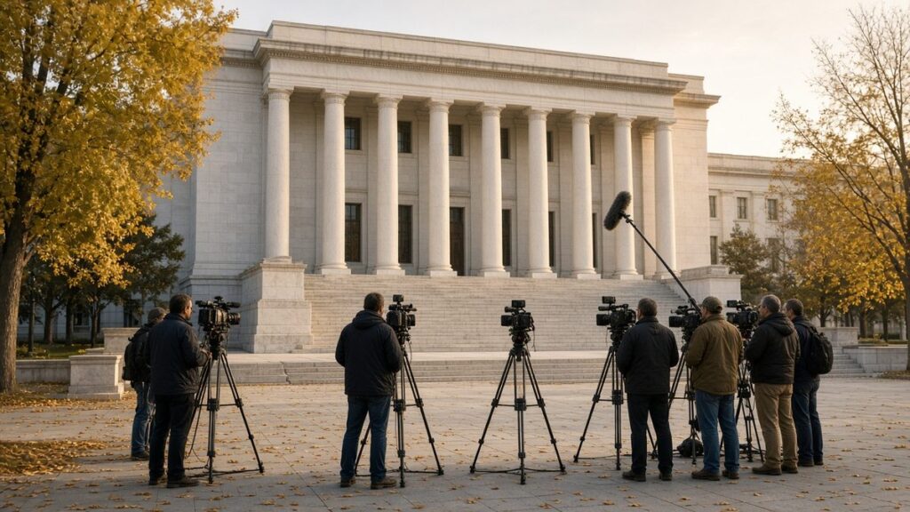 Washington’da neoklasik mermer bir merkez bankası binasının önünde sabah saatlerinde kamera ve tripod kuran televizyon ekipleri, Fed kararı için temsili görsel