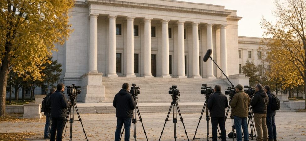 Fed Kararı Öncesi Wall Street Sakin, Dış Ticaret Açığı Düştü 10 Washington’da neoklasik mermer bir merkez bankası binasının önünde sabah saatlerinde kamera ve tripod kuran televizyon ekipleri, Fed kararı için temsili görsel