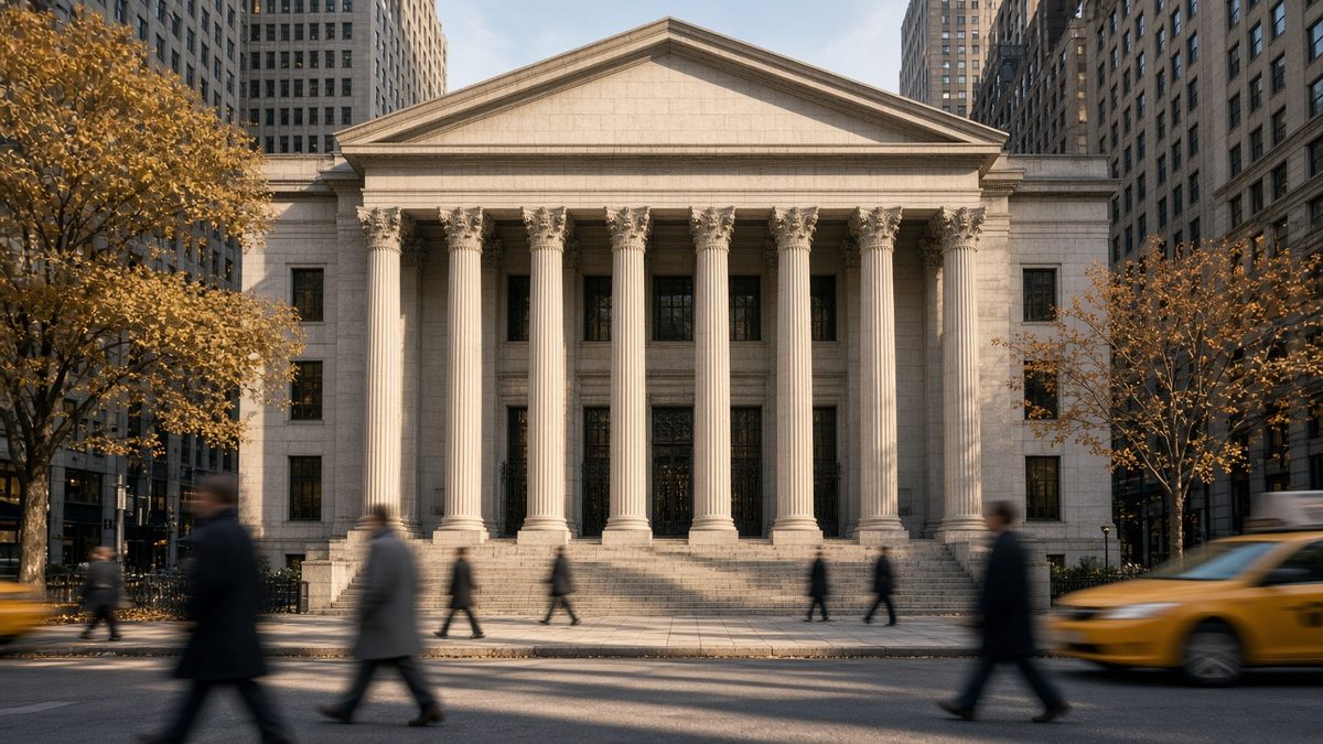 Sabah saatlerinde Manhattan’da neoklasik sütunlu bir borsa binasının önünden geçen yayalar, Alphabet düşüşüyle açılan Wall Street için temsili görsel