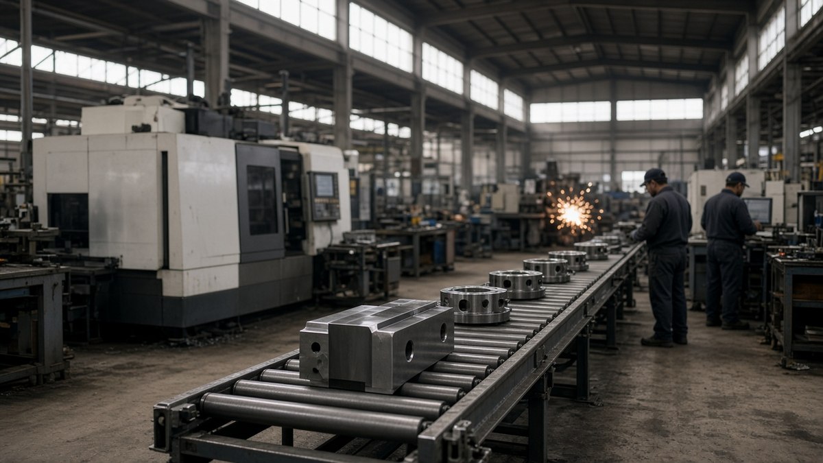 Nasdaq, Amazon ve Intel Satışıyla Düştü; ABD Verisi Karışık 2 Orta Batı’da geniş bir fabrika üretim hattında işlenen metal parçalar, Chicago imalat endeksi ve ABD verileri için temsili görsel
