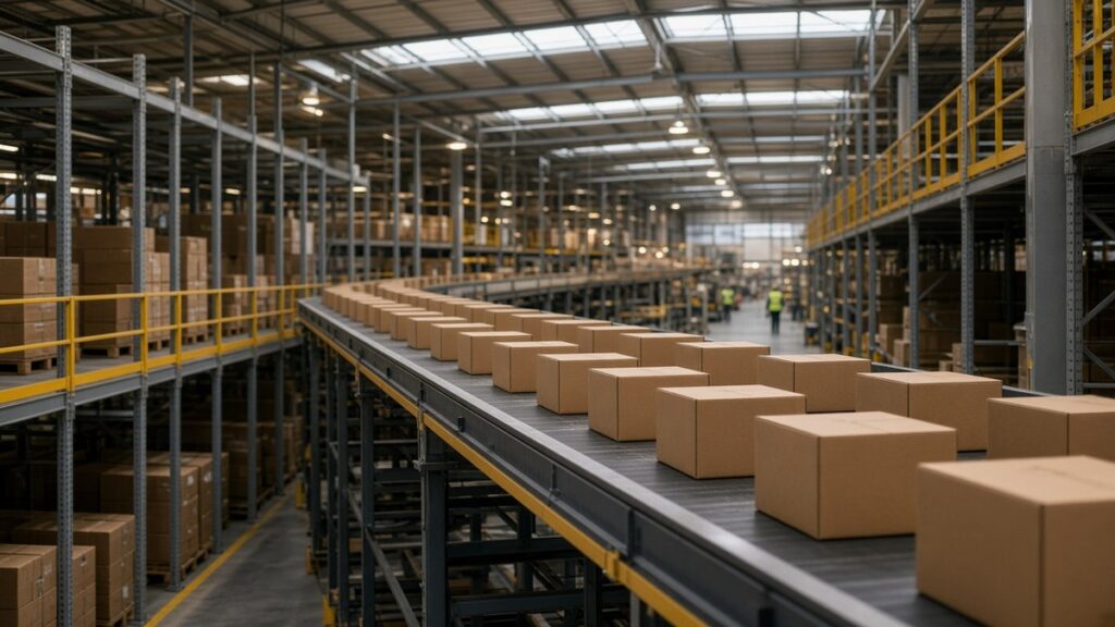 Büyük bir e-ticaret lojistik merkezinde konveyör bantlarda ilerleyen kargo kolileri, Amazon ve Intel bilançoları sonrası Nasdaq’taki satış için temsili görsel