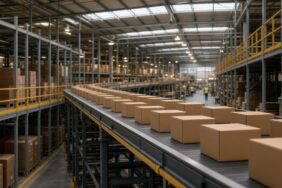 Büyük bir e-ticaret lojistik merkezinde konveyör bantlarda ilerleyen kargo kolileri, Amazon ve Intel bilançoları sonrası Nasdaq’taki satış için temsili görsel