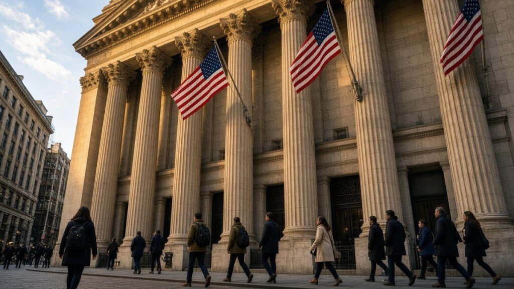 New York finans bölgesinde sabah ışığında borsa binası önünde yürüyen insanlar, temsili görsel