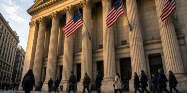New York finans bölgesinde sabah ışığında borsa binası önünde yürüyen insanlar, temsili görsel