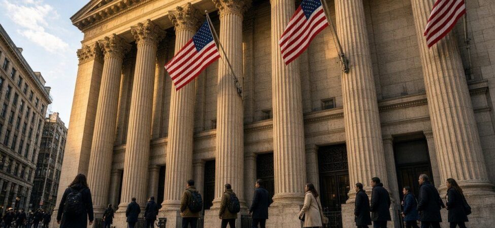 ABD Açılışı: S&P ve Nasdaq Yükseldi, Petrol Geriledi 14 New York finans bölgesinde sabah ışığında borsa binası önünde yürüyen insanlar, temsili görsel