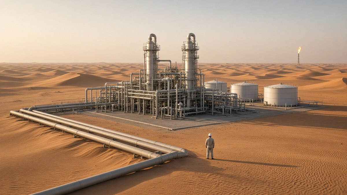 Wall Street Ekside Açıldı: Petrol ve Yapay Zeka Baskısı 1 Çöl ortasındaki bir petrol sahasında boru hatları ve işleme tesisi, Wall Street'i etkileyen petrol fiyatları için temsili görsel