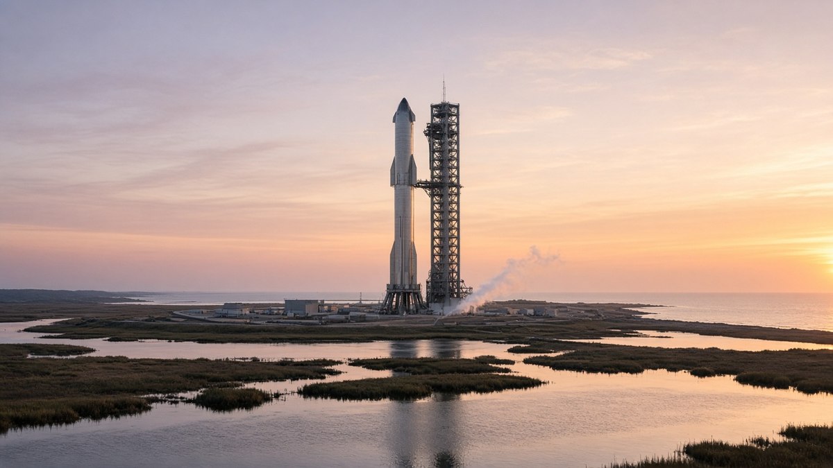 Gün doğarken fırlatma rampasında duran yeniden kullanılabilir bir roket, SpaceX bilançosunun ABD borsalarına etkisi için temsili görsel