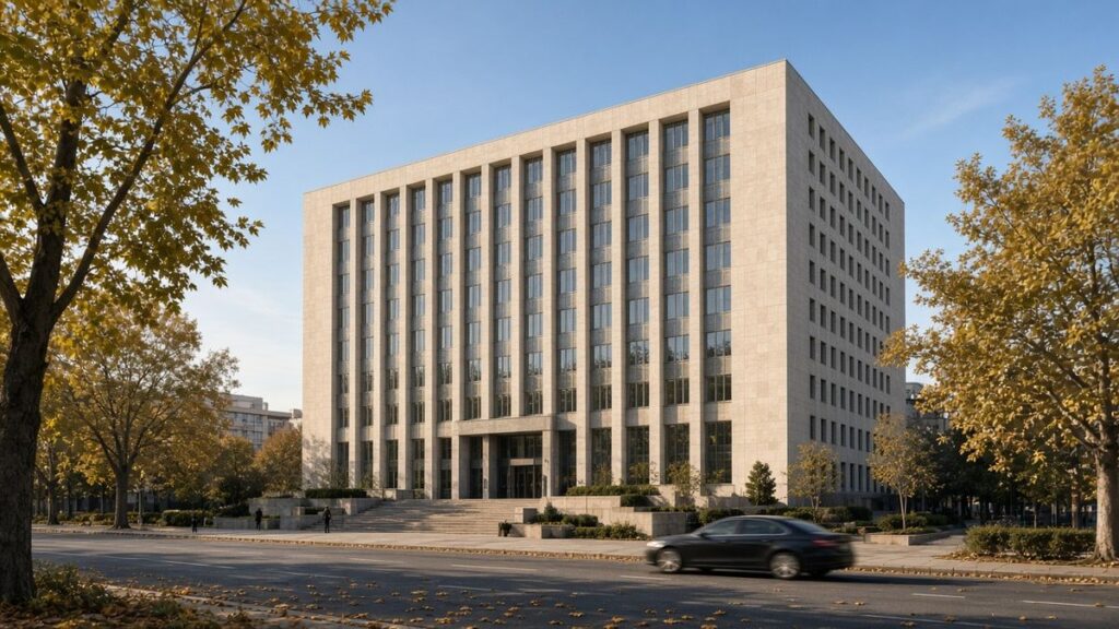 Ankara’da sonbahar öğleden sonrasında geniş bir caddenin karşısından görülen, merkez bankası genel merkezine benzeyen modern taş ve cam bina, Merkez Bankası’nın faiz indirimi için temsili görsel