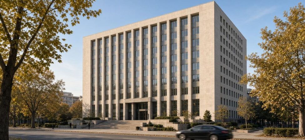 Ankara’da sonbahar öğleden sonrasında geniş bir caddenin karşısından görülen, merkez bankası genel merkezine benzeyen modern taş ve cam bina, Merkez Bankası’nın faiz indirimi için temsili görsel
