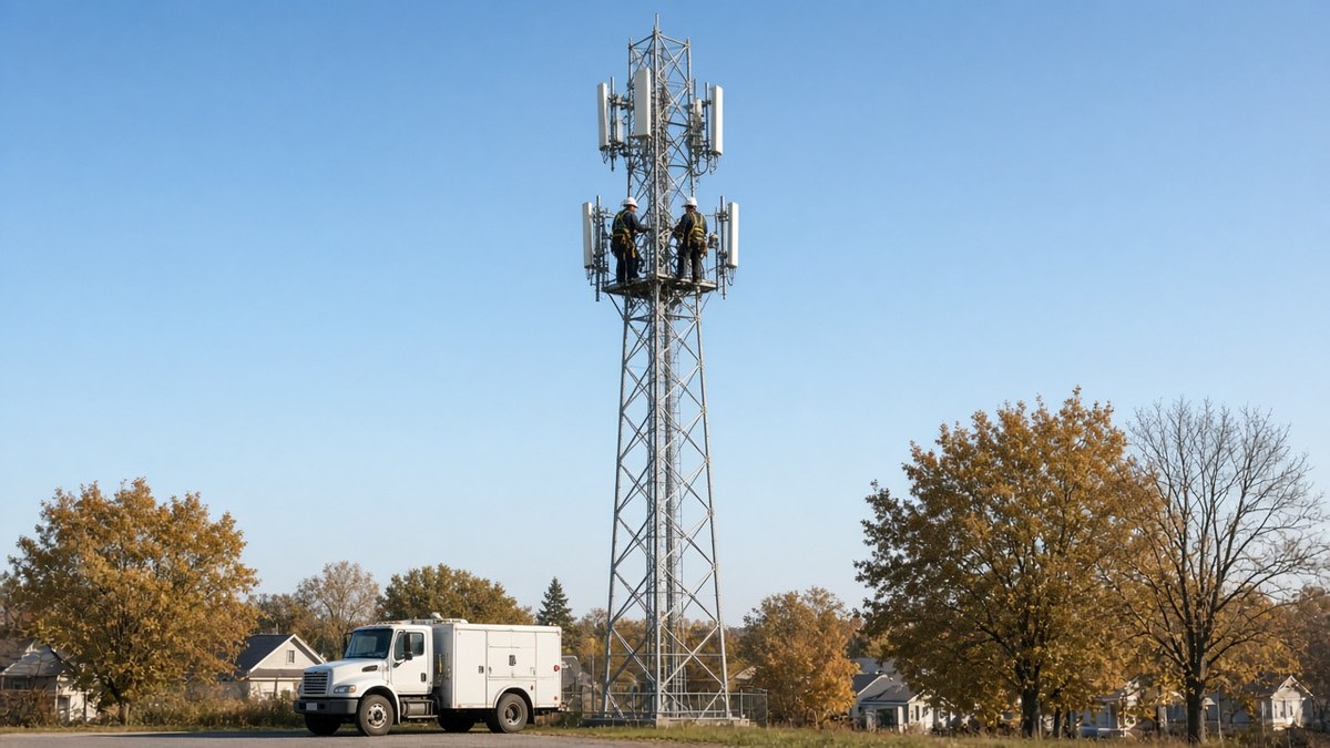 ABD’de bir kasaba kenarında yükselen cep telefonu baz istasyonu kulesinde çalışan iki teknisyen, Wall Street’te telekom hisselerindeki düşüş için temsili görsel