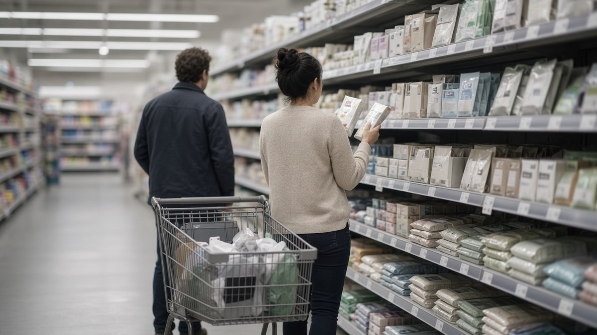 ABD’de bir süpermarket reyonunda fiyatlara bakarak alışveriş yapan, yüzü görünmeyen müşteriler, tüketici güveni ve enflasyon beklentisi için temsili görsel