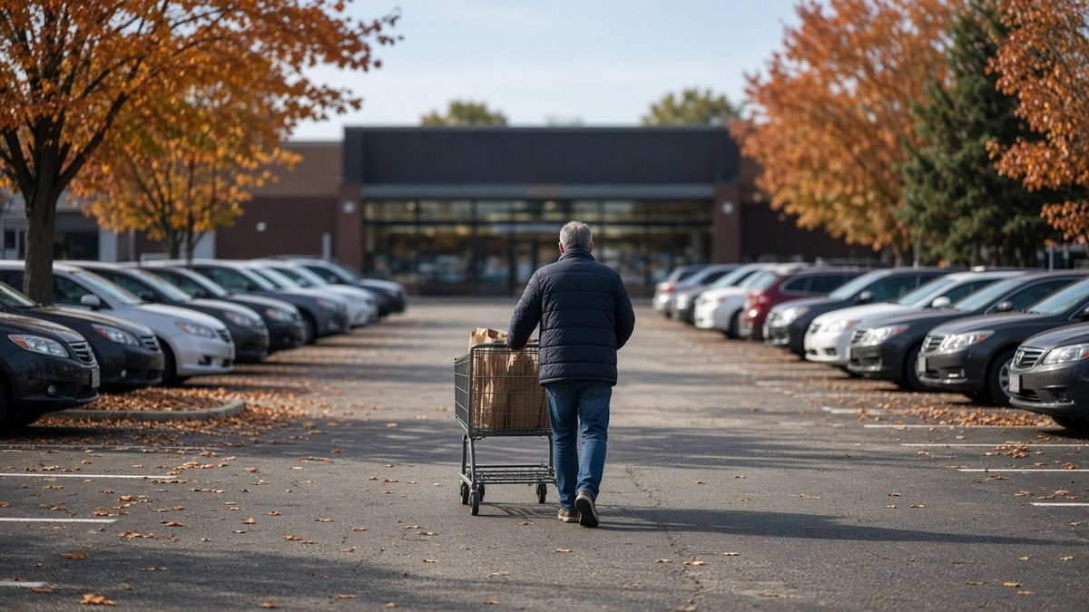 Bir ABD banliyösündeki büyük bir süpermarket otoparkında alışveriş arabasıyla aracına yürüyen müşteriler, ABD tüketici güveni için temsili görsel