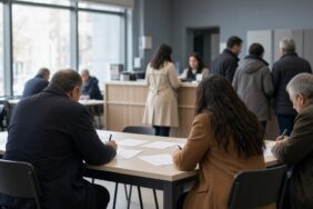 Türkiye’de kalabalık bir iş ve meslek danışmanlığı ofisinde sırada bekleyen ve form dolduran iş arayanlar, eylül ayı işsizlik oranı için temsili görsel