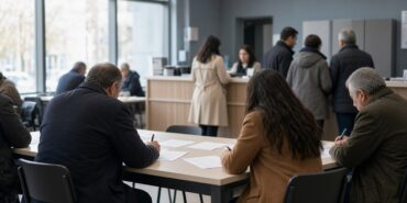 Türkiye’de kalabalık bir iş ve meslek danışmanlığı ofisinde sırada bekleyen ve form dolduran iş arayanlar, eylül ayı işsizlik oranı için temsili görsel