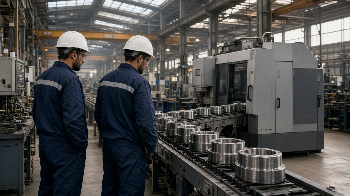 Bir imalat fabrikasında üretim hattında çalışan teknisyenler, reel kesim güven endeksi ve kapasite kullanım oranı için temsili görsel