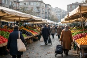 İstanbul’da sonbahar sabahı bir semt pazarında domates, biber ve mandalina dolu tezgâhlar arasında alışveriş yapan kalabalık, enflasyon beklentileri için temsili görsel