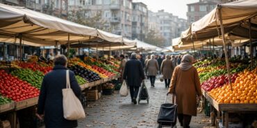 İstanbul’da sonbahar sabahı bir semt pazarında domates, biber ve mandalina dolu tezgâhlar arasında alışveriş yapan kalabalık, enflasyon beklentileri için temsili görsel
