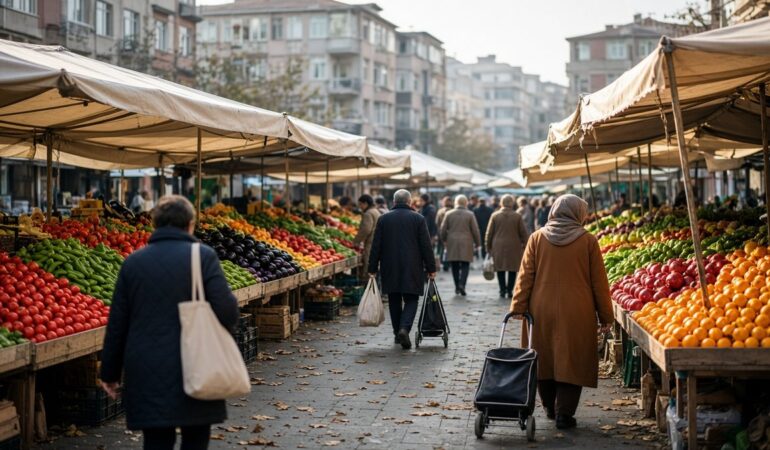 İstanbul’da sonbahar sabahı bir semt pazarında domates, biber ve mandalina dolu tezgâhlar arasında alışveriş yapan kalabalık, enflasyon beklentileri için temsili görsel