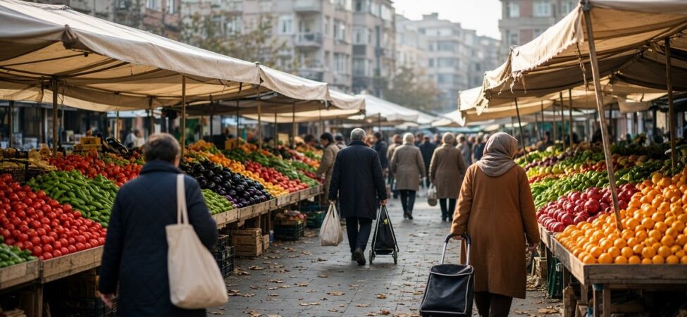 Enflasyon Beklentileri: Hanehalkı ve Reel Sektörde Gerileme 10 İstanbul’da sonbahar sabahı bir semt pazarında domates, biber ve mandalina dolu tezgâhlar arasında alışveriş yapan kalabalık, enflasyon beklentileri için temsili görsel