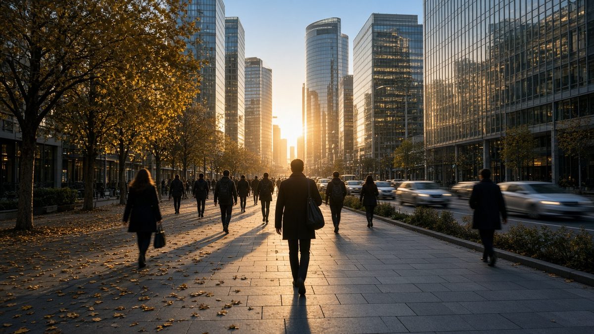 Fon Kanunu Yürürlüğe Girdi, SPK Tera ve Pusula’yı Durdurdu 3 Sabah saatlerinde İstanbul’da Levent’teki ofis kulelerine doğru yürüyen insanlar ve trafiğin bulanık görüntüsü, borsa ve küresel piyasalar için temsili görsel