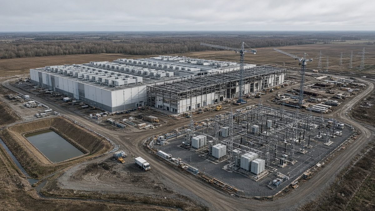 Alphabet Vadelileri Bastırdı, Gözler ECB Kararı ve PCE’de 1 Yüksekten çekilmiş, inşaatı süren büyük bir veri merkezi kampüsünün yanındaki yeni trafo merkezi ve kurulumu devam eden soğutma üniteleri, büyük teknoloji şirketlerinin yapay zekâ harcamaları için temsili görsel