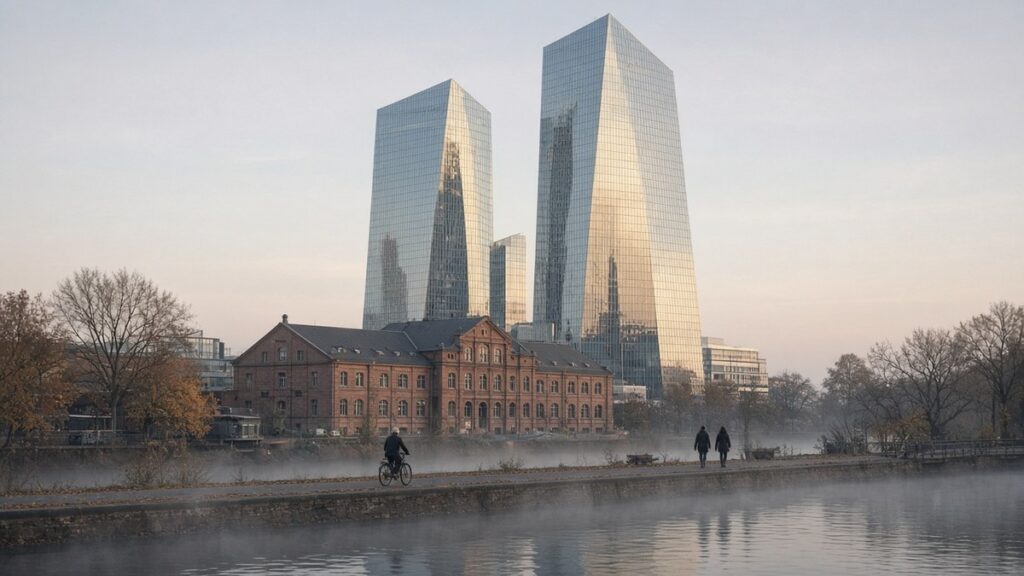 Frankfurt’ta Main Nehri kıyısındaki modern cam kuleli bir merkez bankası binası sabah ışığında, ECB kararı günü için temsili görsel