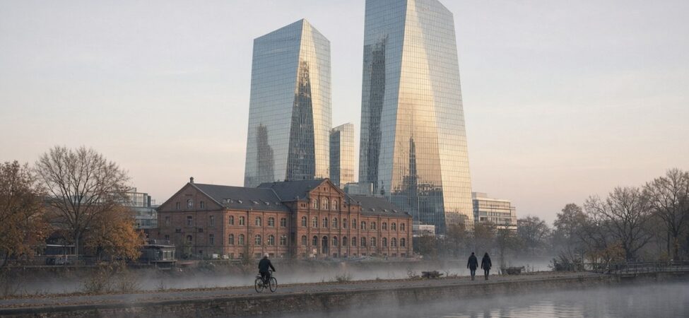 Alphabet Vadelileri Bastırdı, Gözler ECB Kararı ve PCE’de 5 Frankfurt’ta Main Nehri kıyısındaki modern cam kuleli bir merkez bankası binası sabah ışığında, ECB kararı günü için temsili görsel