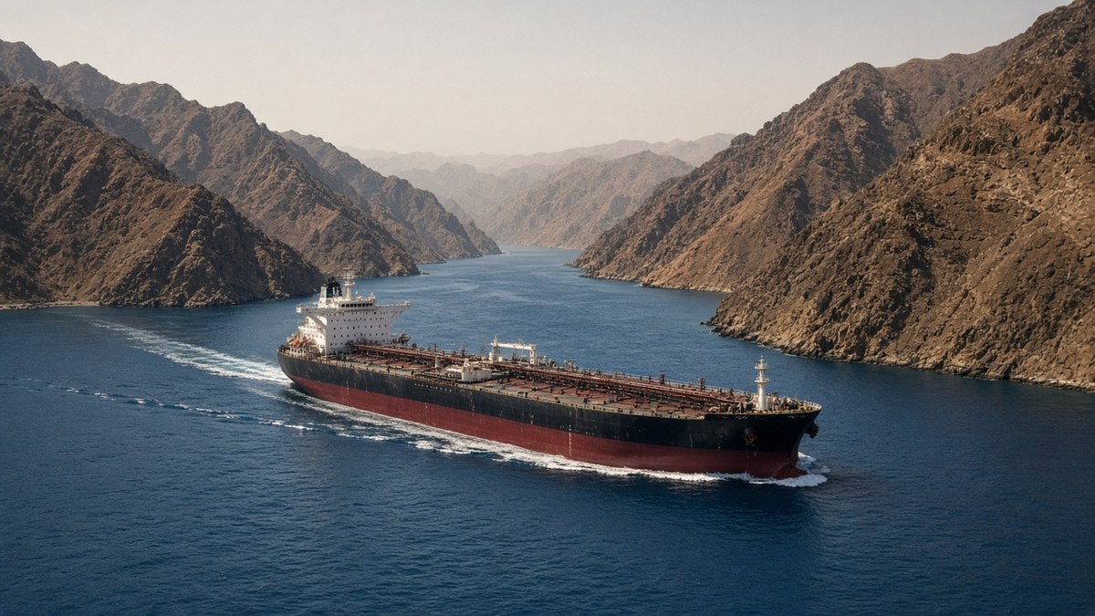 Kayalık dağlarla çevrili dar bir deniz geçidinden geçen yüklü ham petrol tankeri, Hormuz kaygısıyla yükselen petrol fiyatları için temsili görsel
