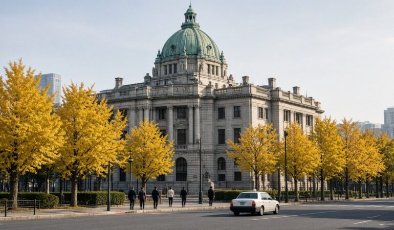 Tokyo’da sonbahar sabahı yeşil bakır kubbeli tarihi bir merkez bankası binası ve sarı ginkgo ağaçları, Japonya Merkez Bankası faiz kararı için temsili görsel