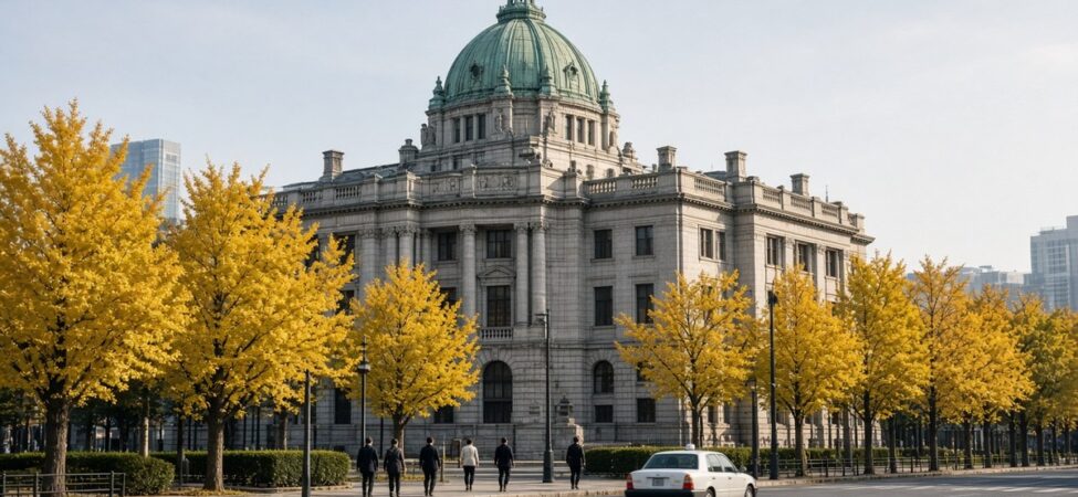 Japonya Merkez Bankası Faizi Tuttu, Borsa Ekside Açıldı 6 Tokyo’da sonbahar sabahı yeşil bakır kubbeli tarihi bir merkez bankası binası ve sarı ginkgo ağaçları, Japonya Merkez Bankası faiz kararı için temsili görsel