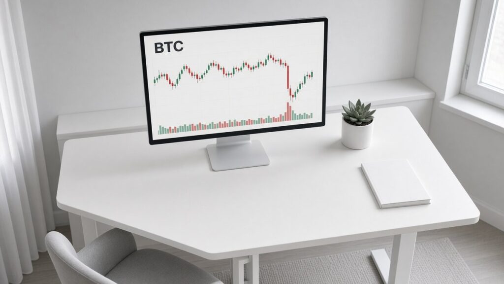 Sade bir ev ofisinde ayaklı masadaki monitörde BTC mum grafiği ve hacim çubukları, Electrum güvenlik güncellemesi için temsili görsel