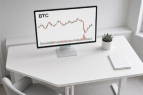 Sade bir ev ofisinde ayaklı masadaki monitörde BTC mum grafiği ve hacim çubukları, Electrum güvenlik güncellemesi için temsili görsel