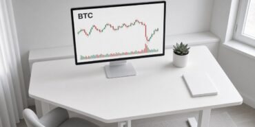 Electrum’da Kritik Açık: Bitcoin Cüzdanı İçin 4.8.3 Uyarısı 1 Sade bir ev ofisinde ayaklı masadaki monitörde BTC mum grafiği ve hacim çubukları, Electrum güvenlik güncellemesi için temsili görsel