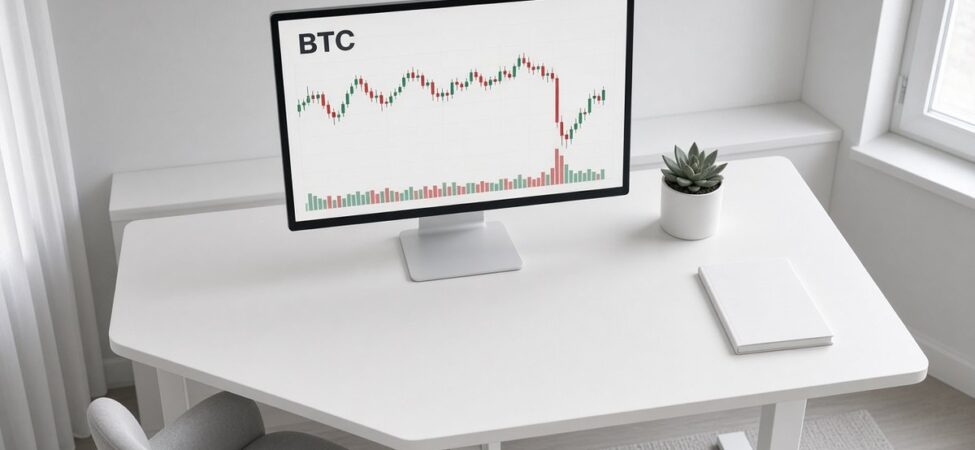 Electrum’da Kritik Açık: Bitcoin Cüzdanı İçin 4.8.3 Uyarısı 12 Sade bir ev ofisinde ayaklı masadaki monitörde BTC mum grafiği ve hacim çubukları, Electrum güvenlik güncellemesi için temsili görsel