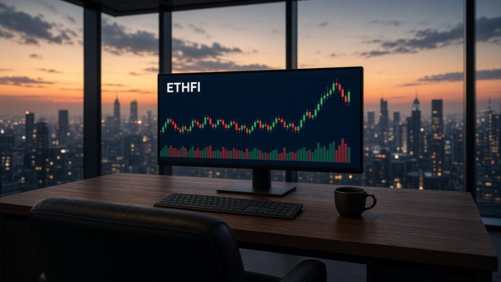 Gün batımında cam çatı katı ofisindeki geniş monitörde ETHFI mum grafiği ve hacim çubukları, ether.fi için temsili görsel